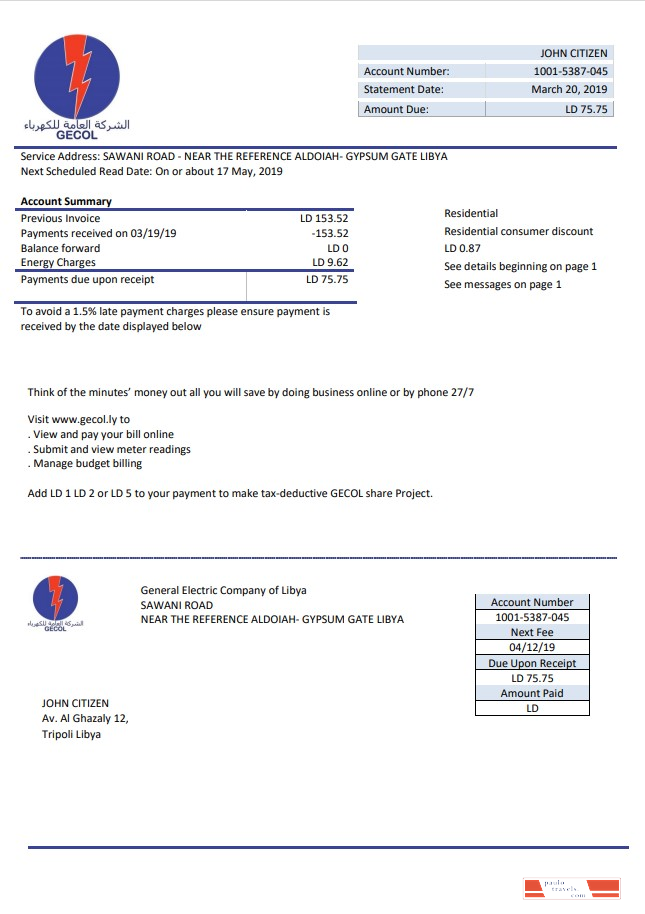 Libya General Electric Company electricity utility bill template in Word and PDF format